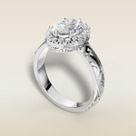 Oval Outer Halo Vintage Engraved engagement ring in white gold, angled view