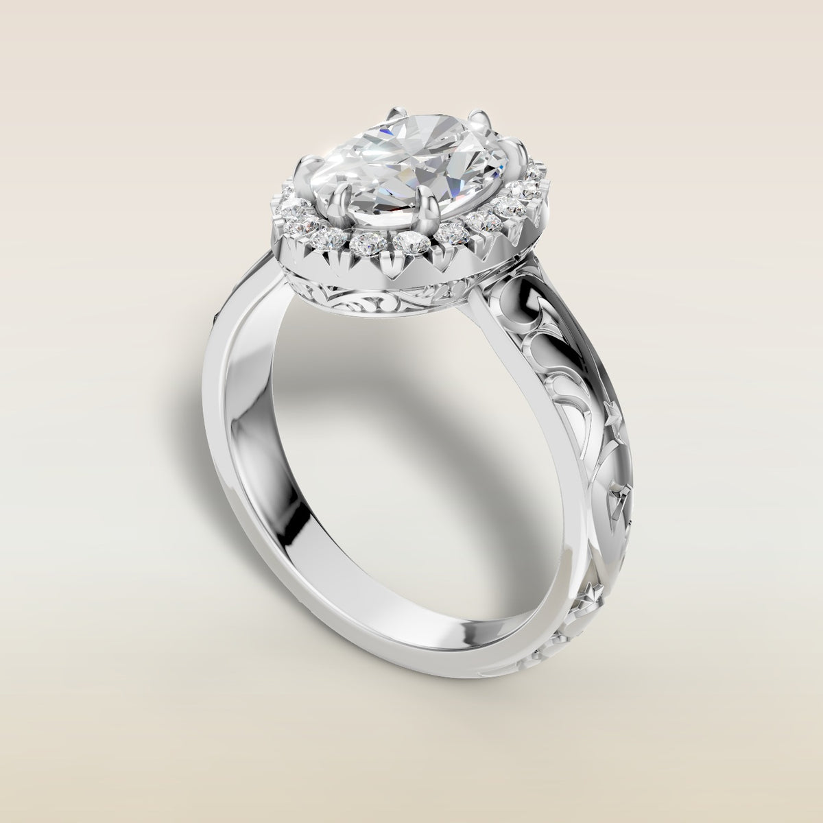 Oval Outer Halo Vintage Engraved engagement ring in white gold, angled view