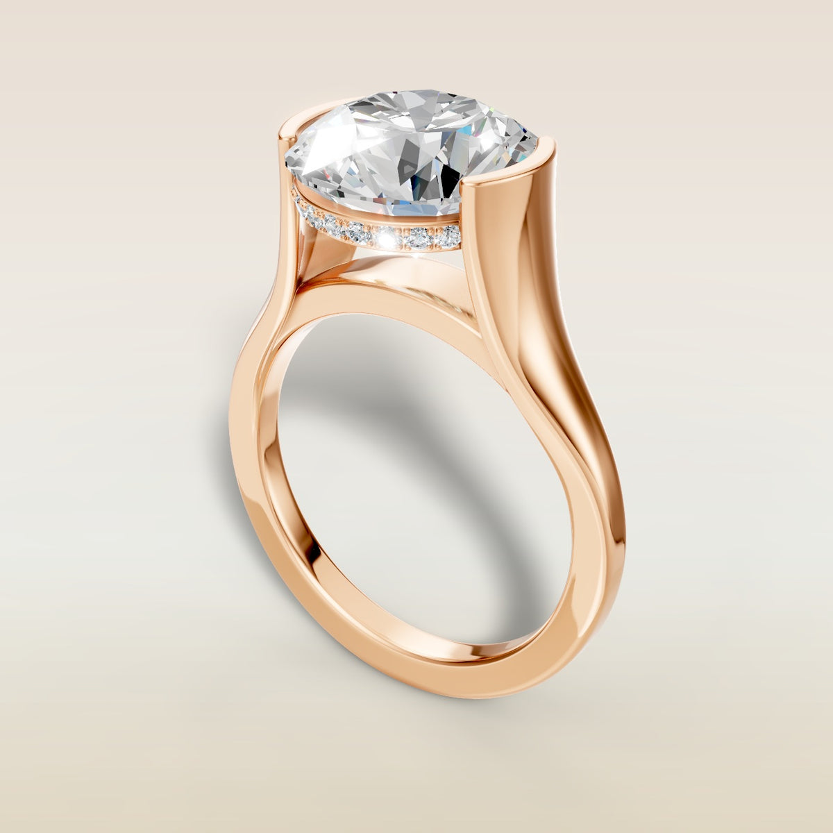 Round Half Bezel with Hidden Halo engagement ring in rose gold, angled view