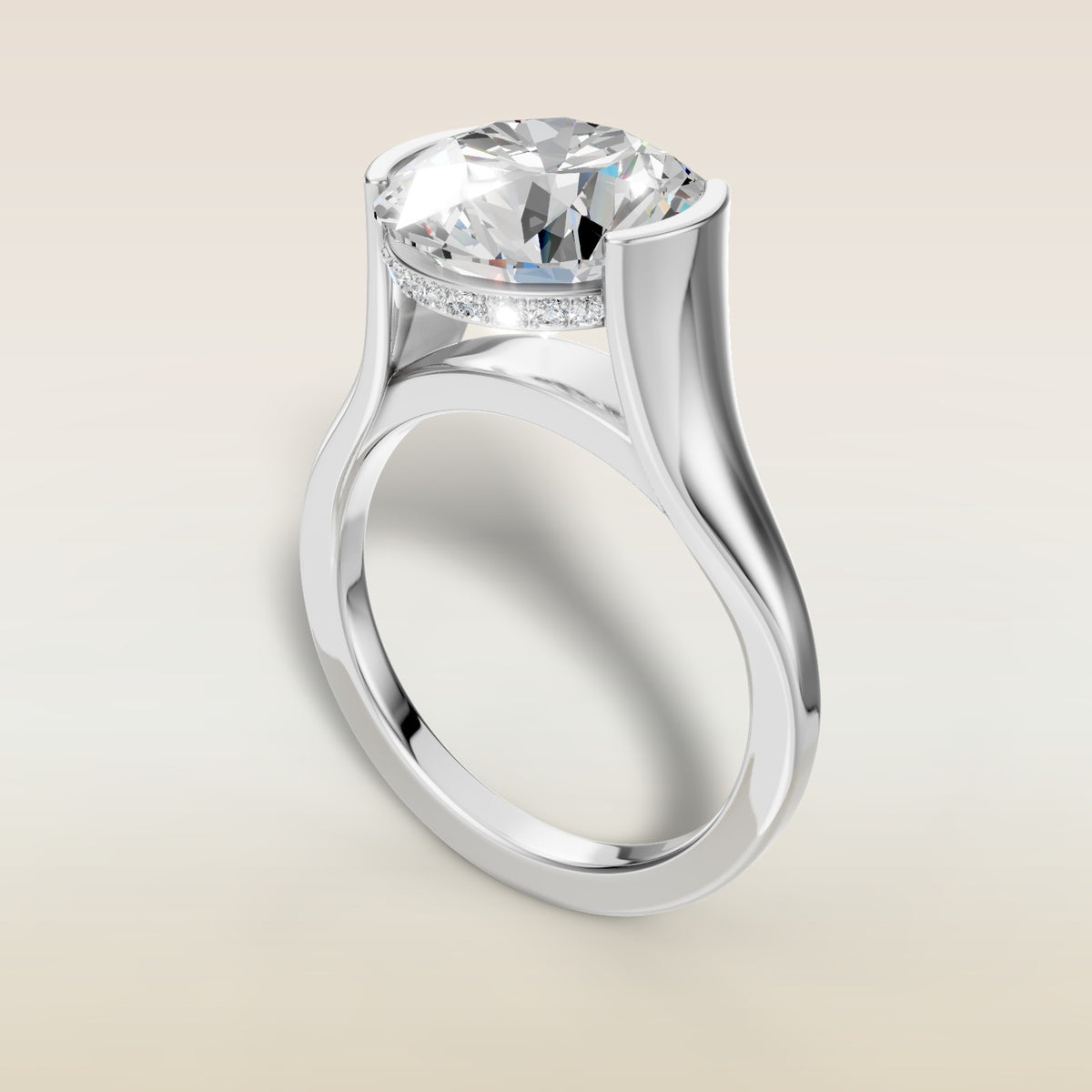 Round Half Bezel with Hidden Halo engagement ring in white gold, angled view