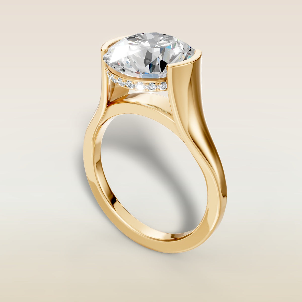 Round Half Bezel with Hidden Halo engagement ring in yellow gold, angled view