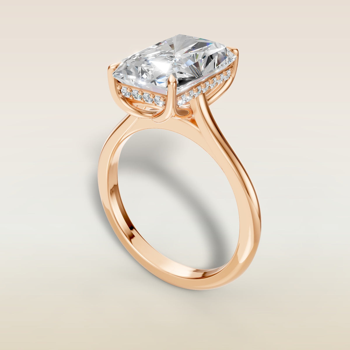Radiant Tulip with Hidden Halo engagement ring in rose gold, angled view
