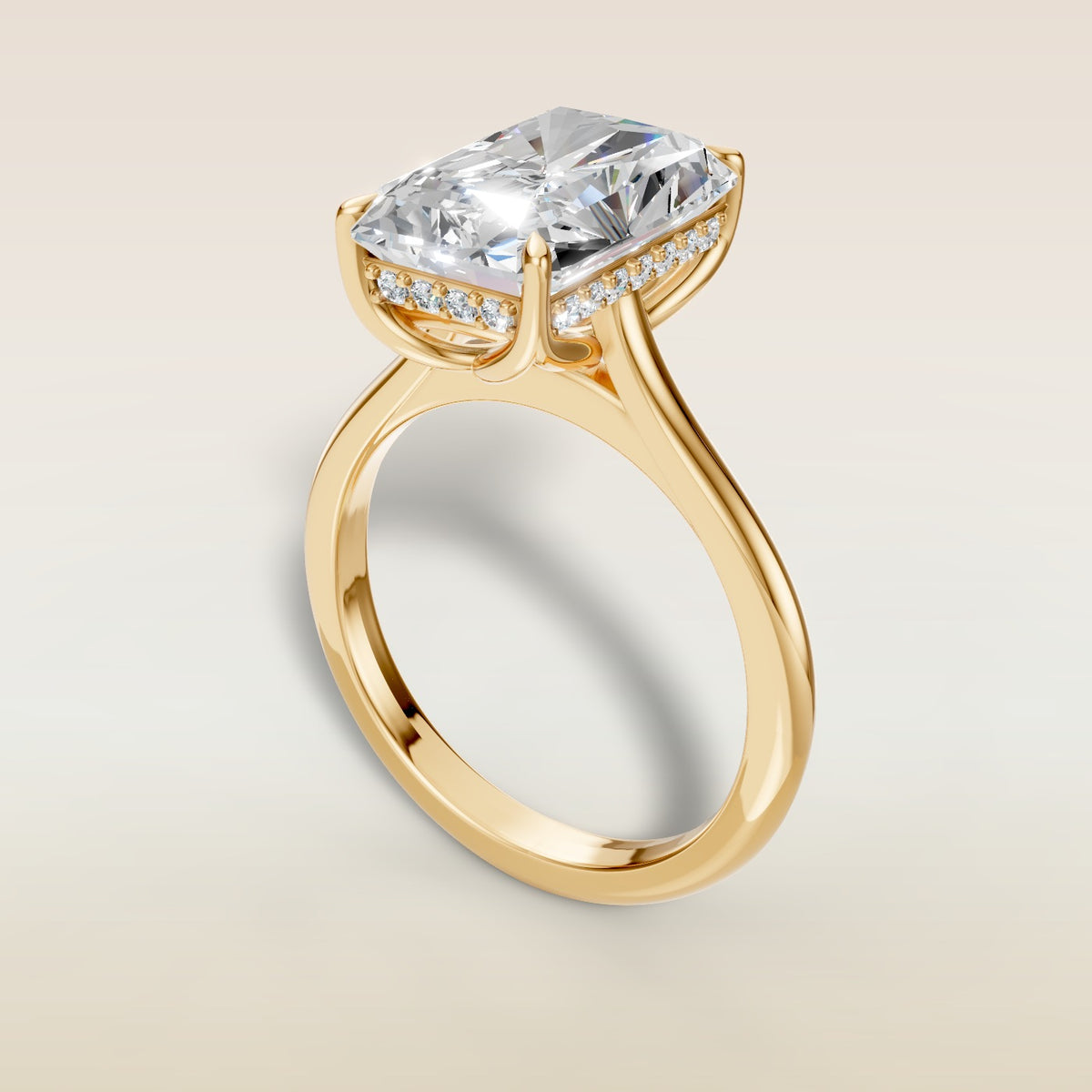 Radiant Tulip with Hidden Halo engagement ring in yellow gold, angled view