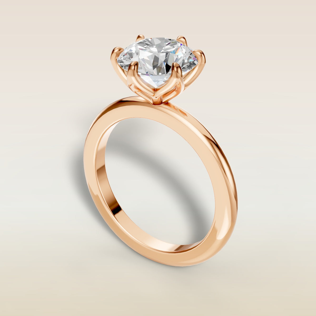 Round Six Petal Tulip Solitaire engagement ring in rose gold, angled view