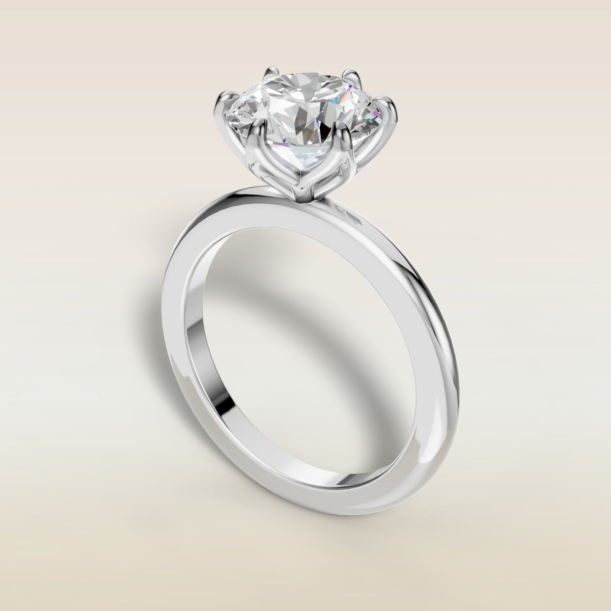 Round Six Petal Tulip Solitaire engagement ring in white gold, angled view