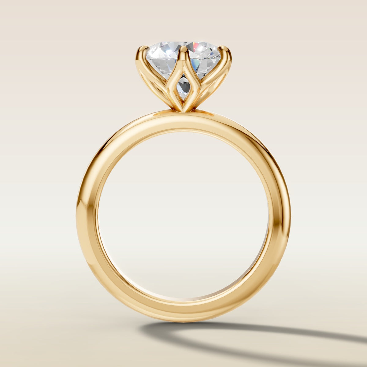 Round Six Petal Tulip Solitaire engagement ring in yellow gold, front view