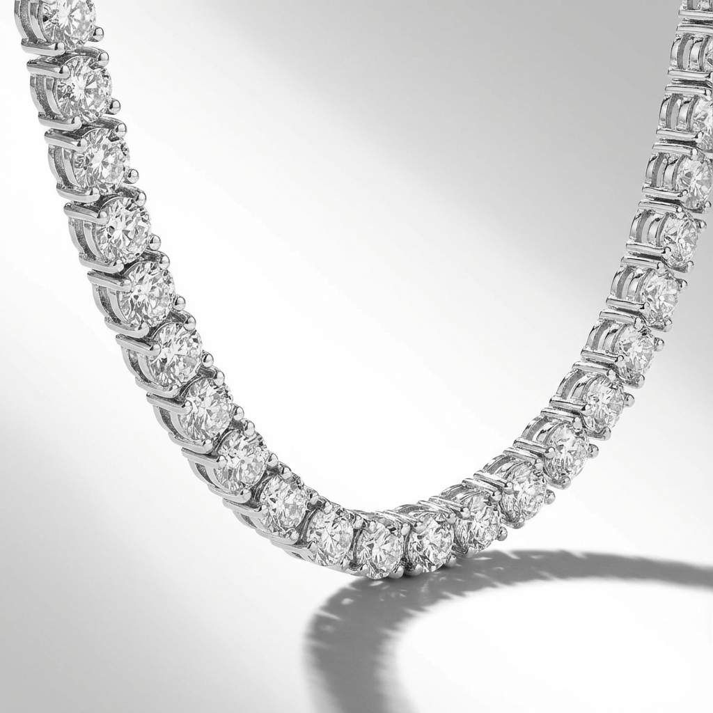 Tennis necklace with round lab grown diamonds close up detail
