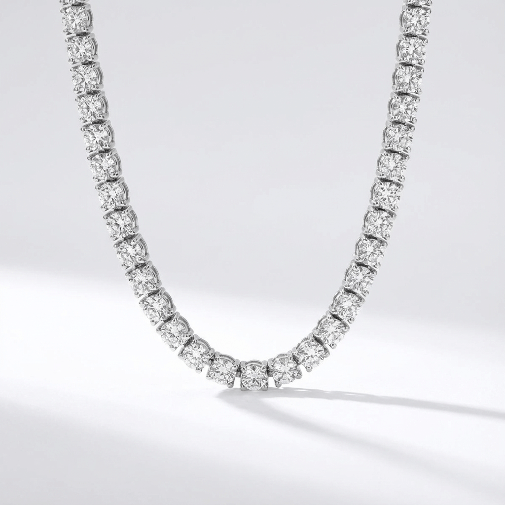 Lab grown diamond tennis necklace with round diamonds in white gold