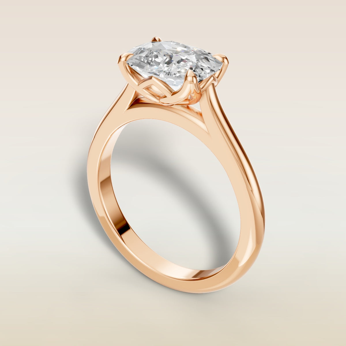 Cushion East West Half Petal Tulip engagement ring in rose gold, angled view