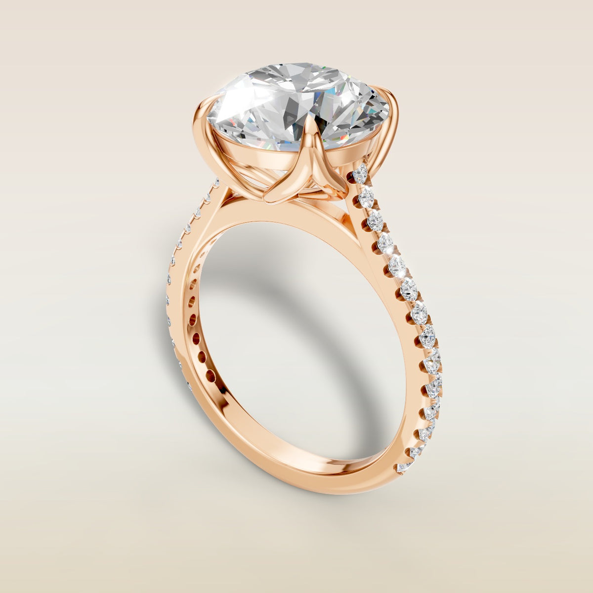 Round Tulip Classic Pave engagement ring in rose gold, angled view