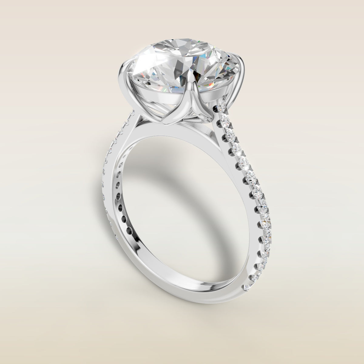 Round Tulip Classic Pave engagement ring in white gold, angled view