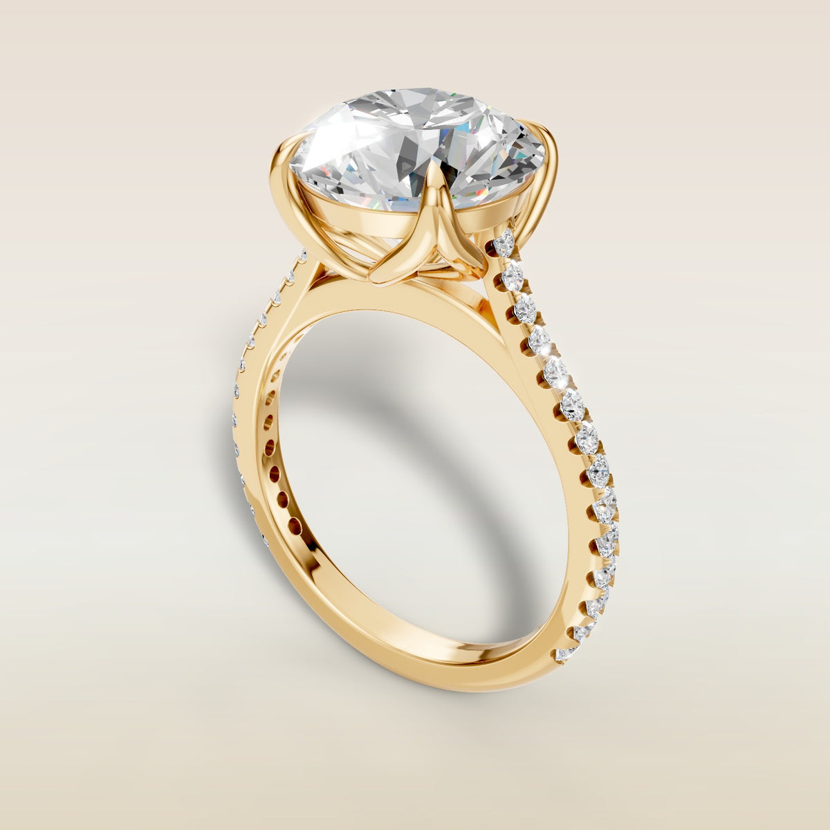 Round Tulip Classic Pave engagement ring in yellow gold, angled view