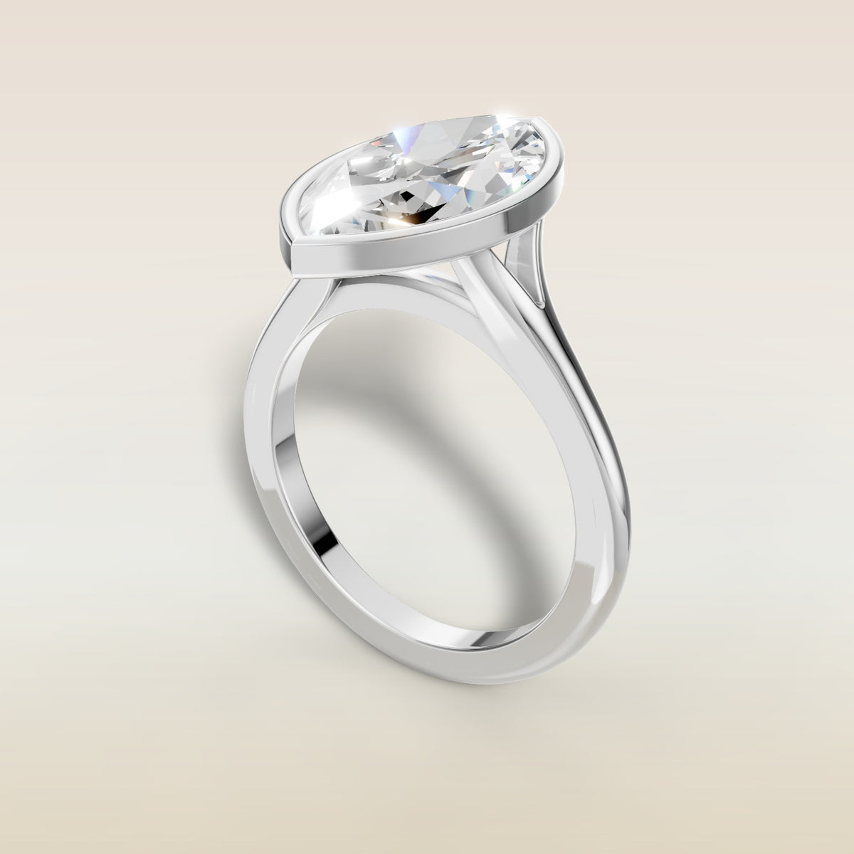 Marquise Full Bezel Split Shank engagement ring in white gold, angled view