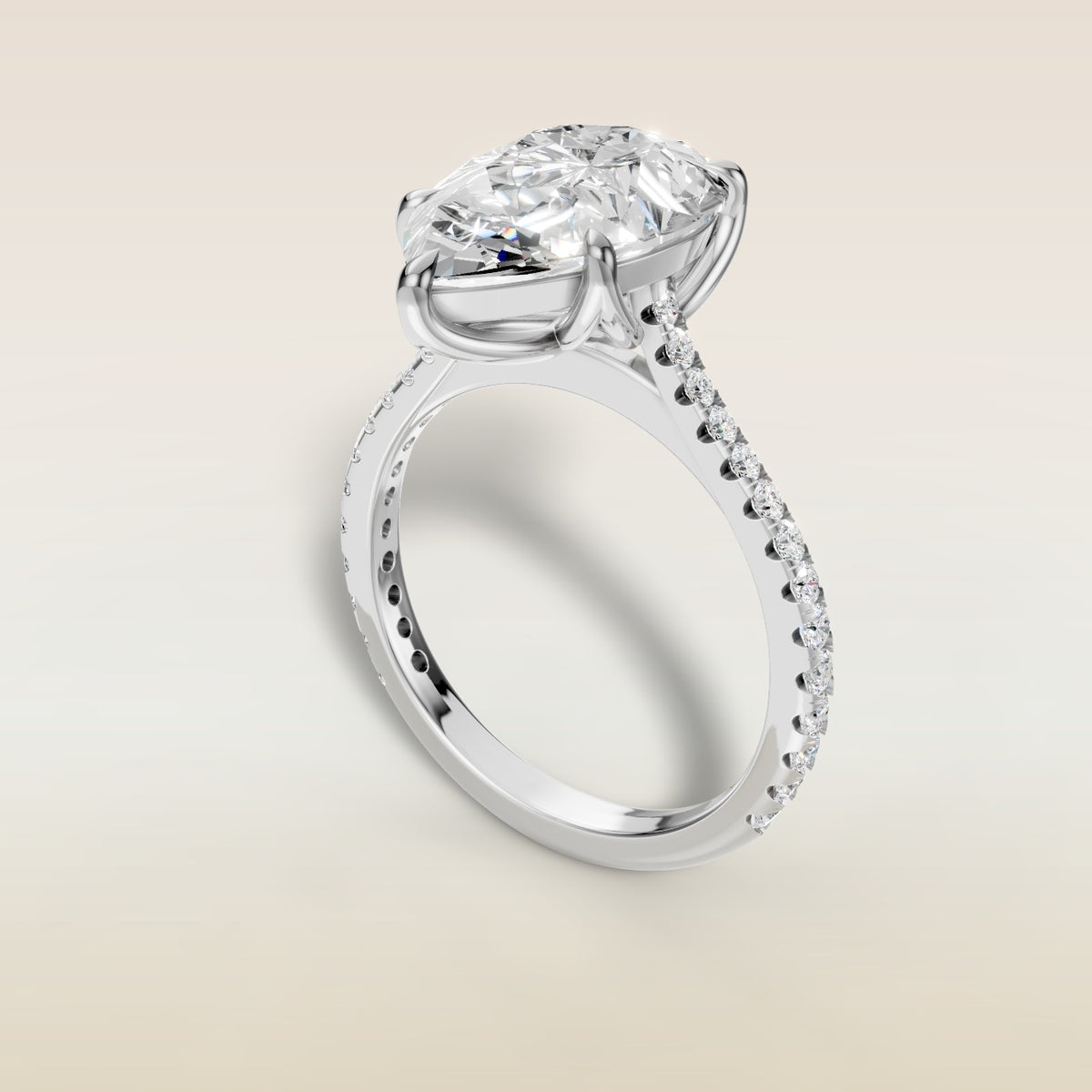 Pear Tulip Classic Pave engagement ring in white gold, angled view