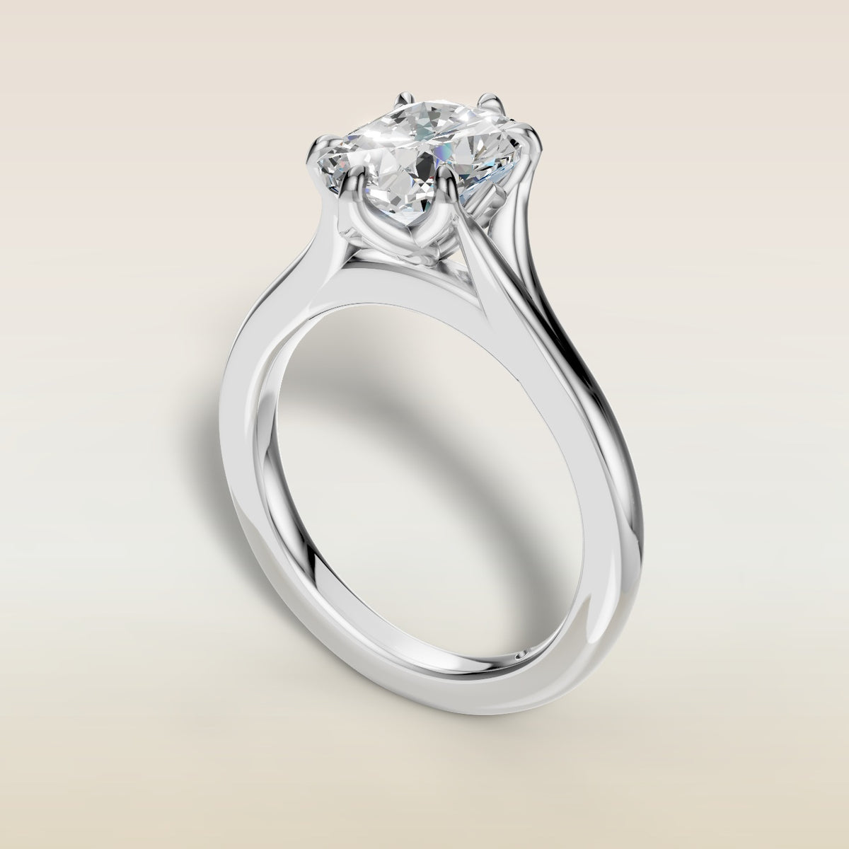 Cushion Tulip Six Petal Split Shank engagement ring in white gold, angled view
