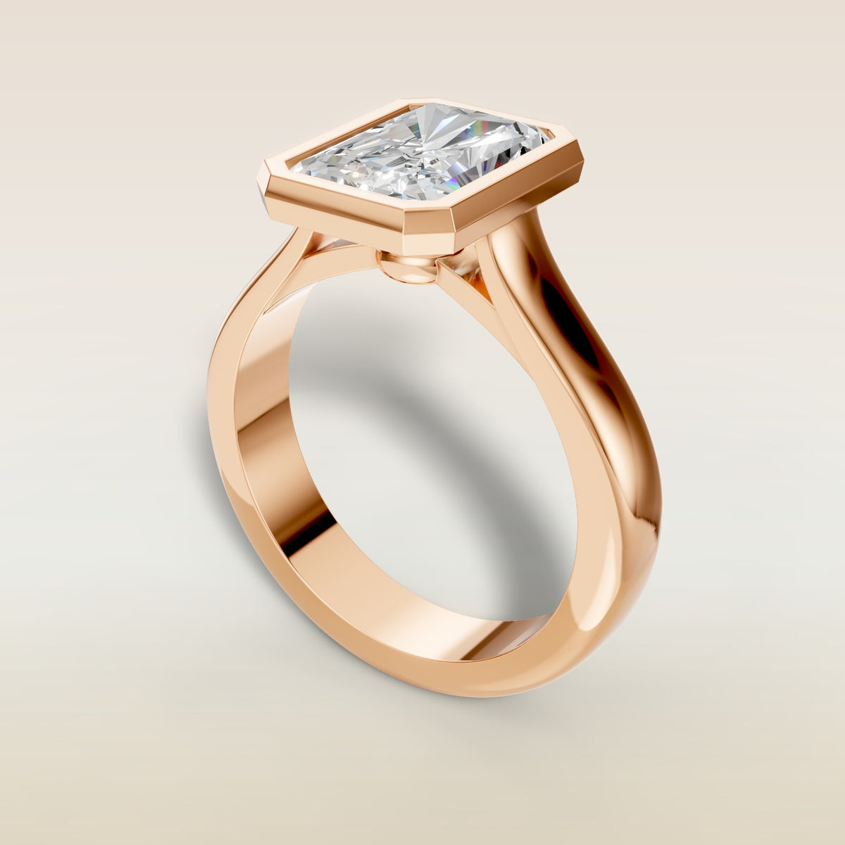 Radiant Full Bezel Thick Band engagement ring in rose gold, angled view