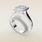 Radiant Full Bezel Thick Band engagement ring in white gold, angled view