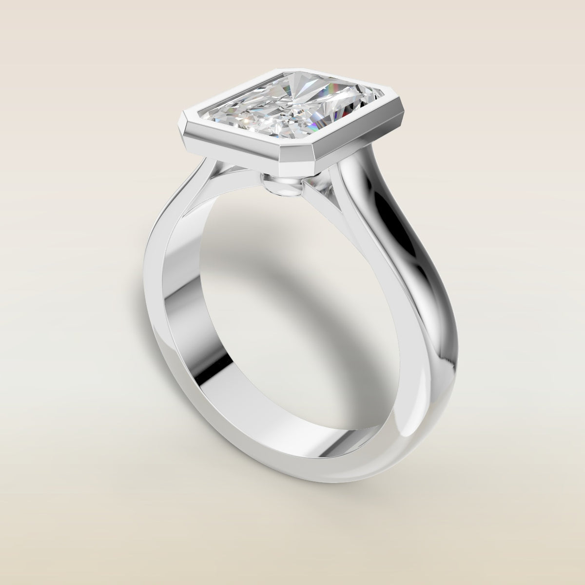 Radiant Full Bezel Thick Band engagement ring in white gold, angled view