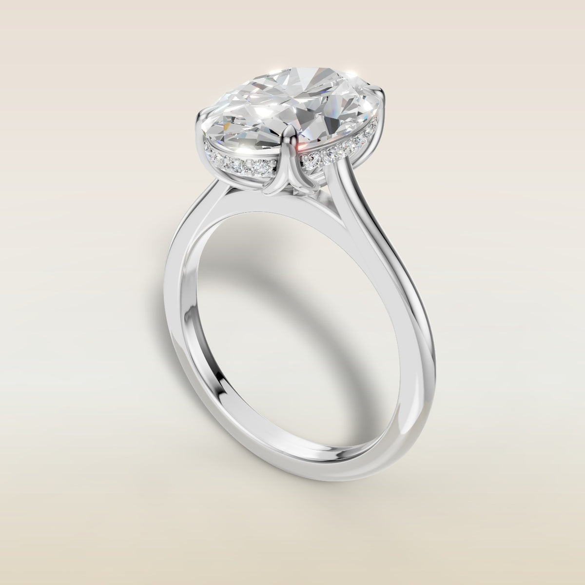Oval Tulip with Hidden Halo engagement ring in white gold, angled view
