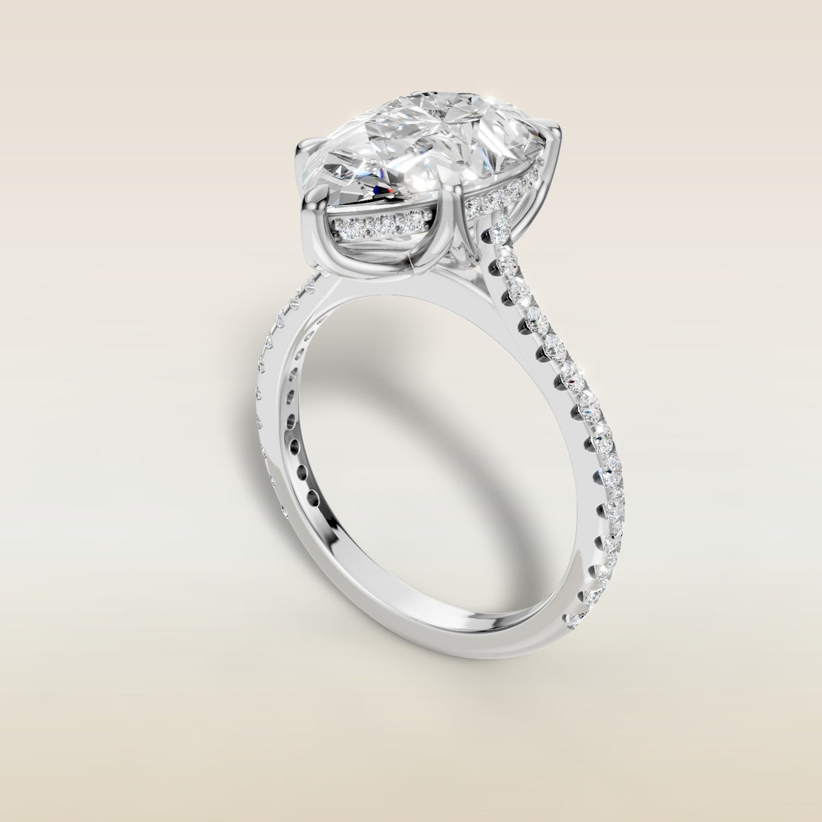 Pear Tulip Hidden Halo Pave engagement ring in white gold, angled view