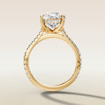 Pear Tulip Hidden Halo Pave engagement ring in yellow gold, front view