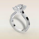 Radiant Hidden Diamonds Cathedral engagement ring in white gold, angled view