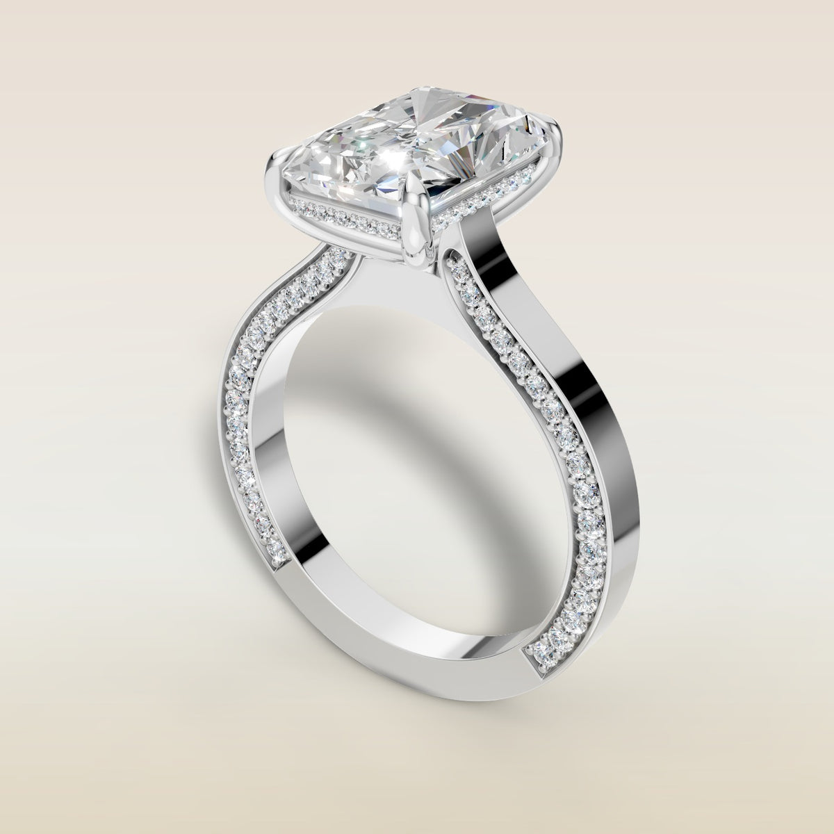 Radiant Hidden Diamonds Cathedral engagement ring in white gold, angled view