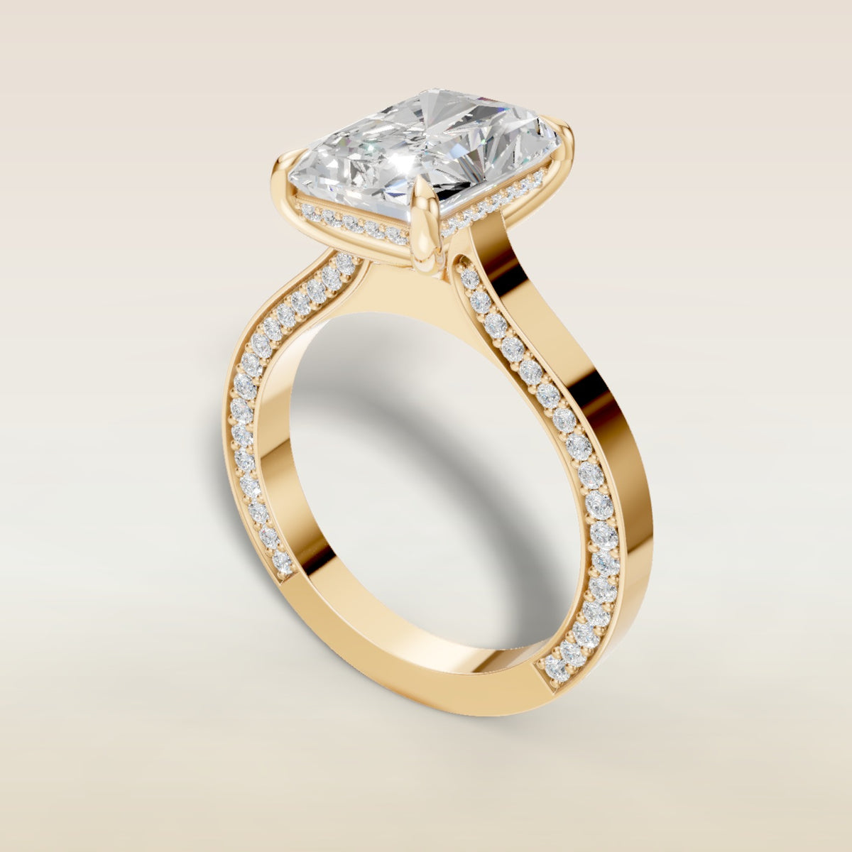 Radiant Hidden Diamonds Cathedral engagement ring in yellow gold, angled view