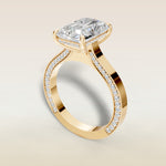 Radiant Hidden Diamonds Cathedral engagement ring in yellow gold, angled view