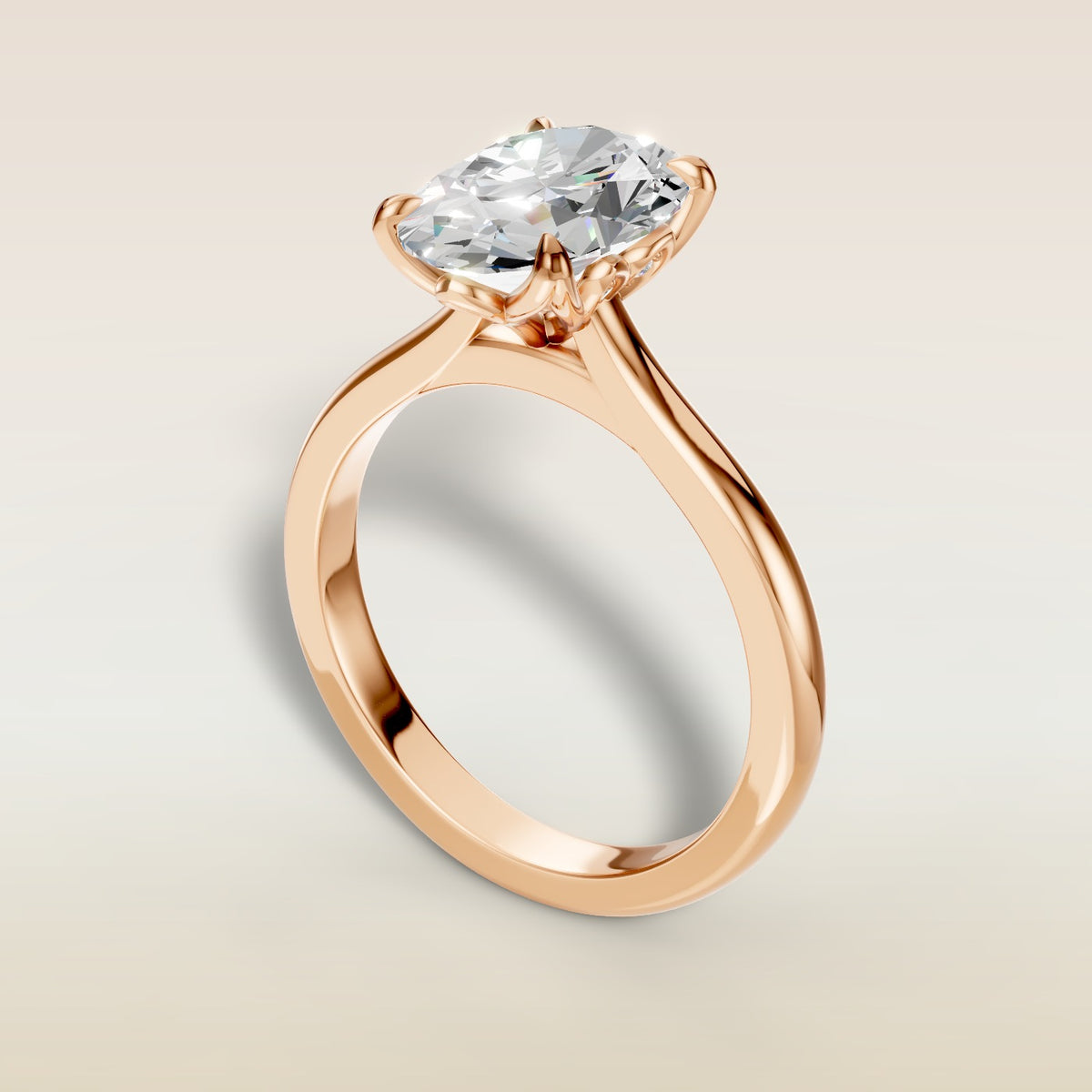 Oval Four Petal Diamond Tulip engagement ring in rose gold, angled view