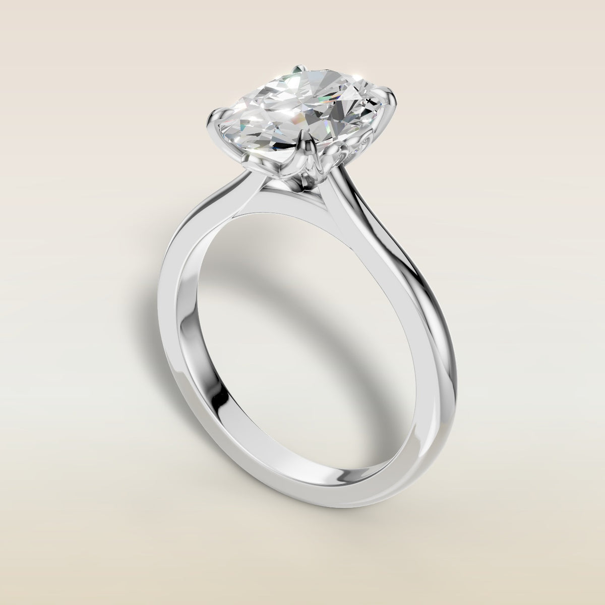 Oval Four Petal Diamond Tulip engagement ring in white gold, angled view