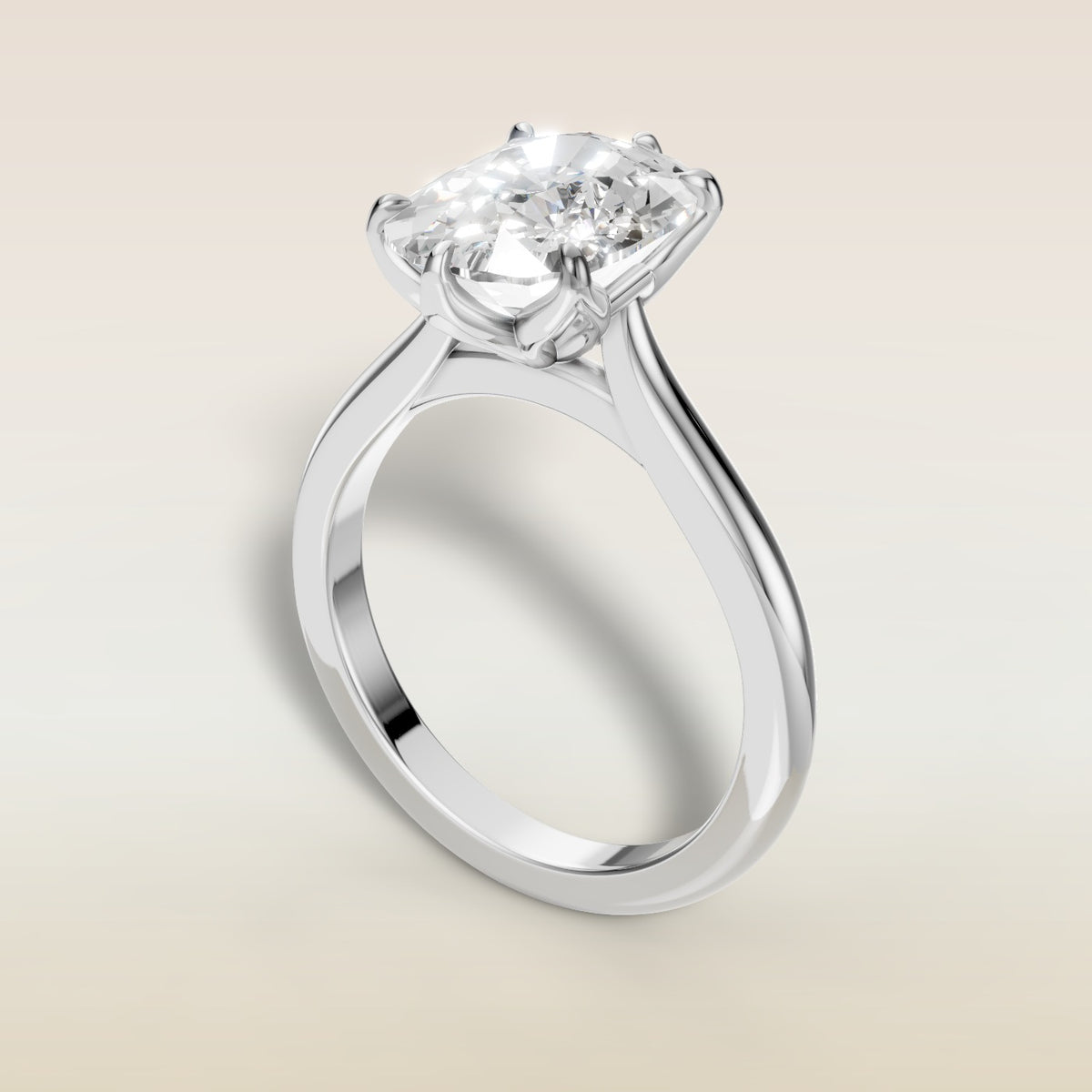 Cushion Tulip Six Petal engagement ring in white gold, angled view