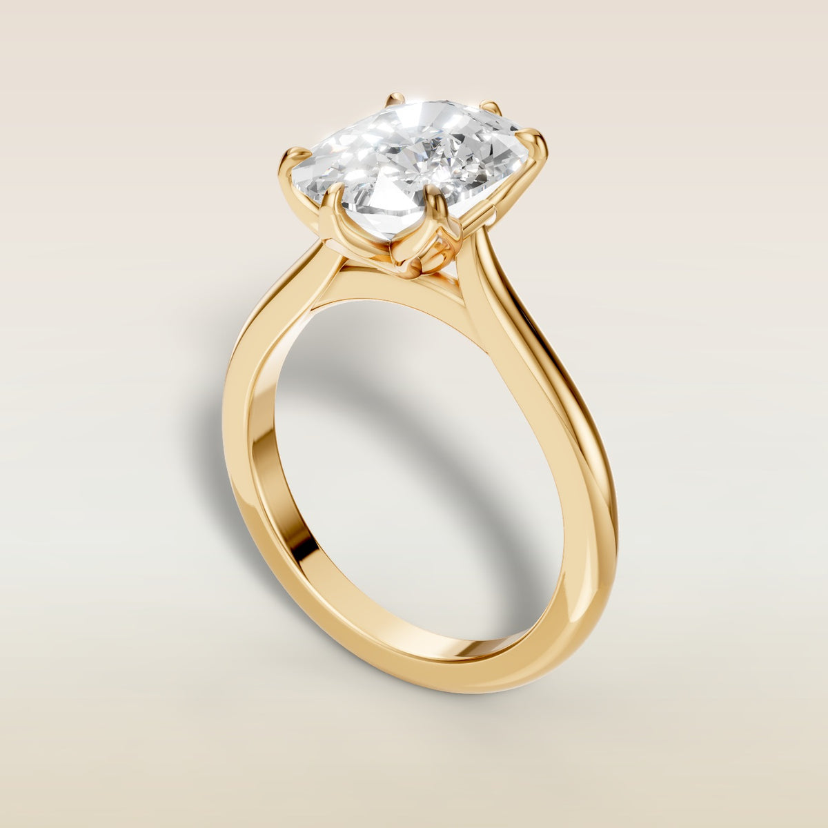 Cushion Tulip Six Petal engagement ring in yellow gold, angled view
