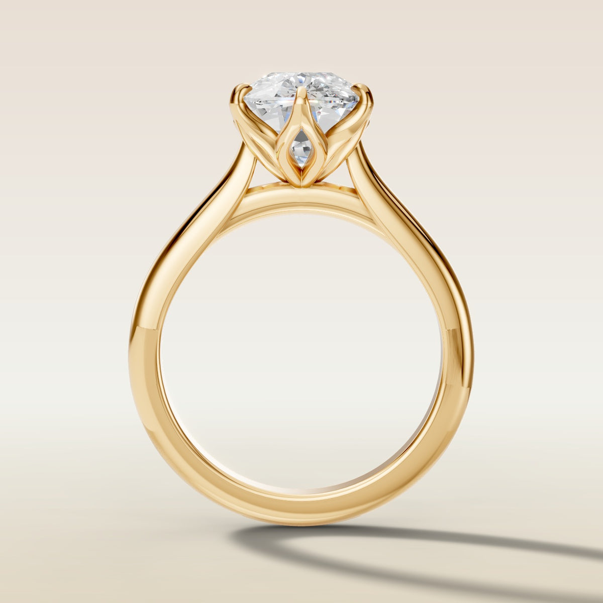 Cushion Tulip Six Petal engagement ring in yellow gold, front view