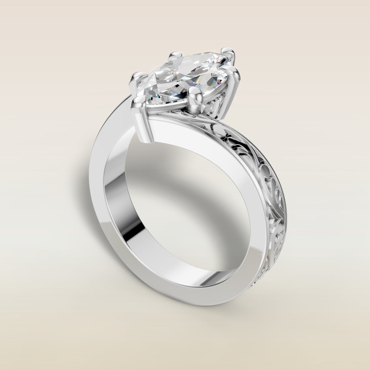 Marquise Bypass Vintage Engraved engagement ring in white gold, angled view