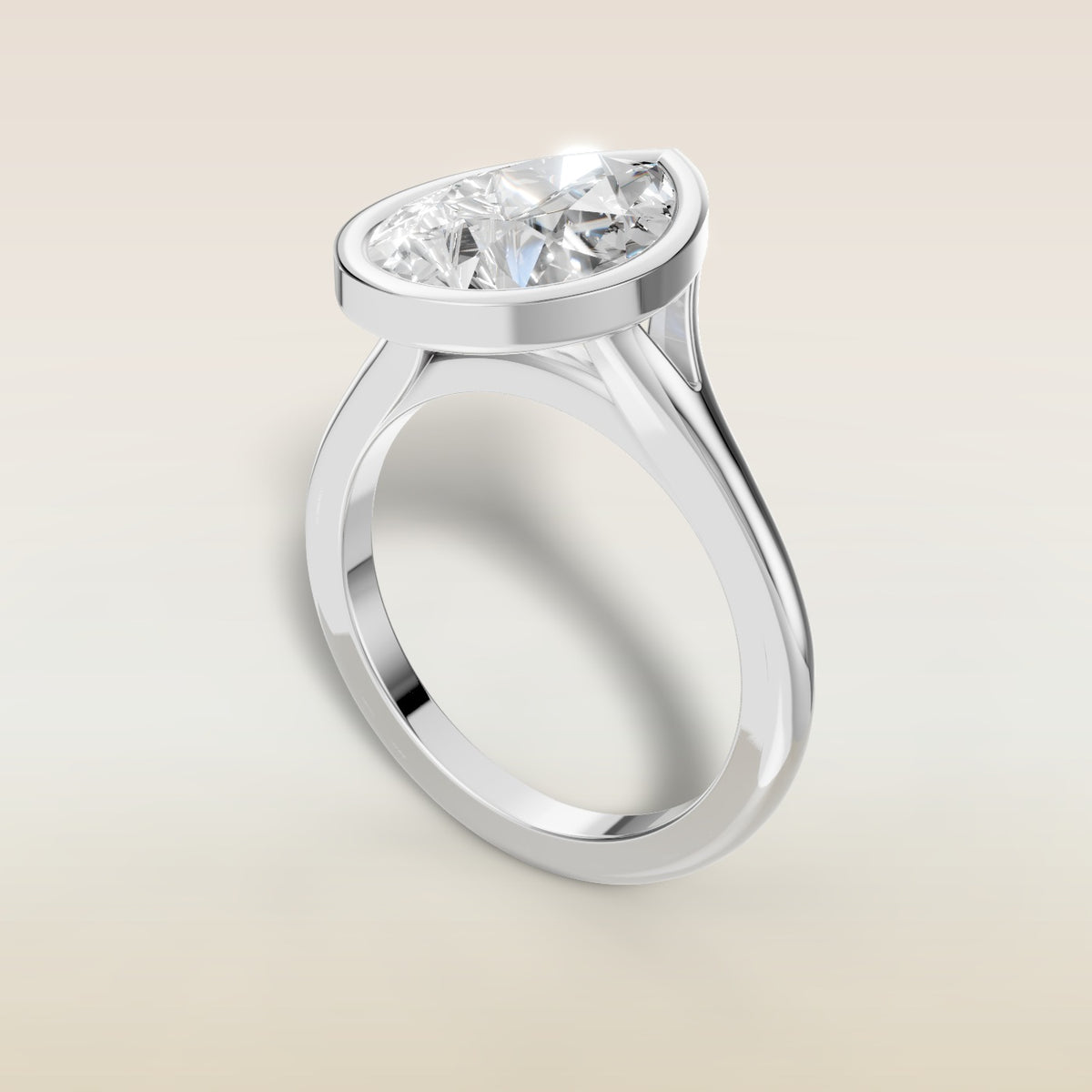 Pear Full Bezel Split Shank engagement ring in white gold, angled view