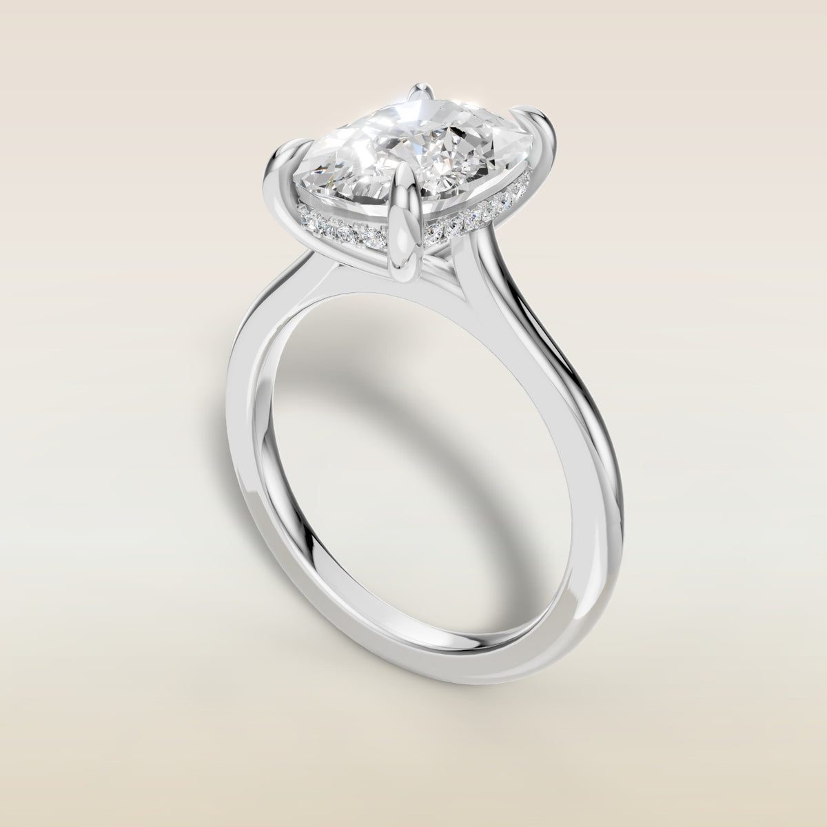 Cushion Hidden Halo Cathedral engagement ring in white gold, angled view