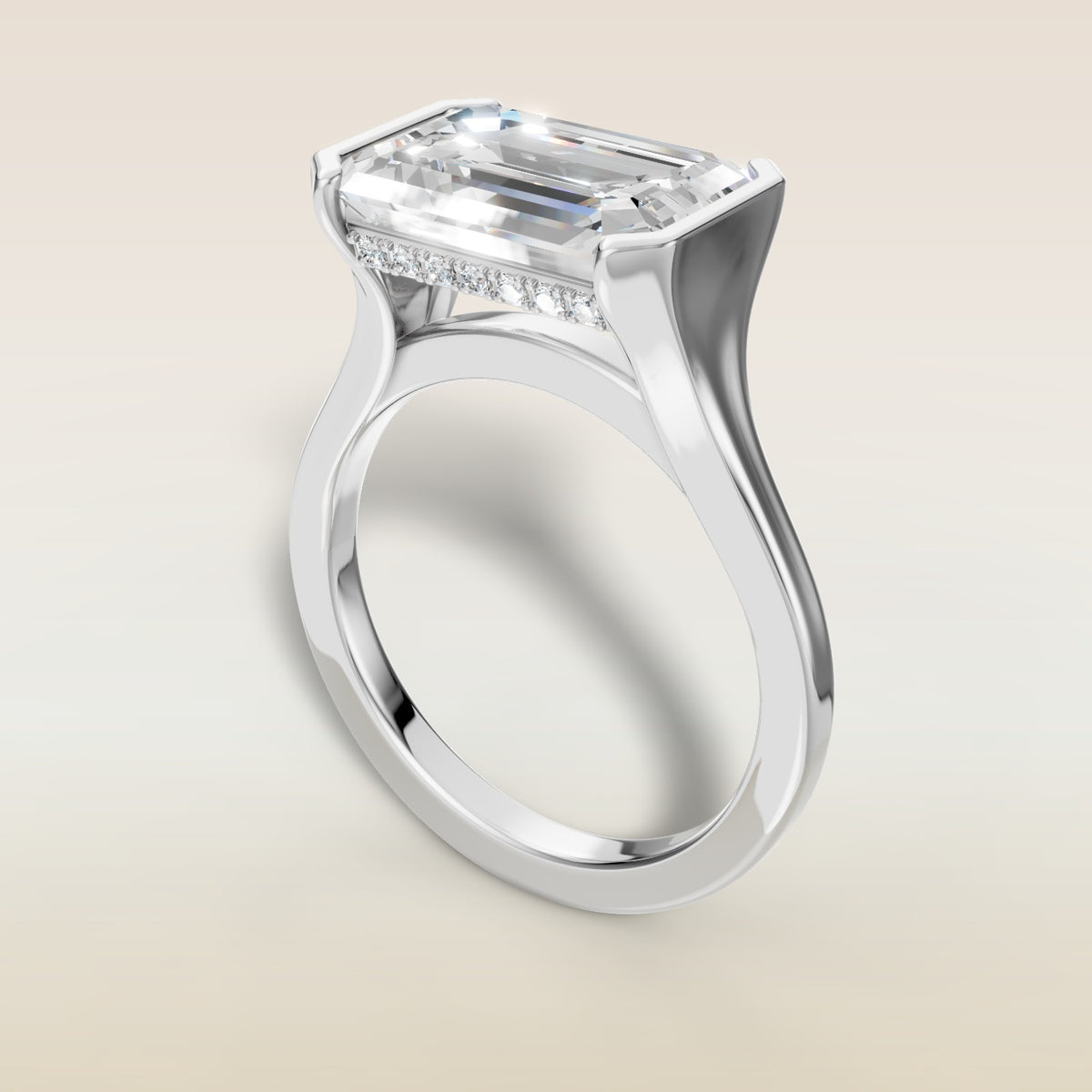 Emerald Half Bezel with Hidden Halo engagement ring in white gold, angled view