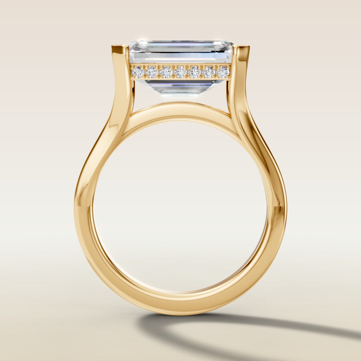Emerald Half Bezel with Hidden Halo engagement ring in yellow gold, front view