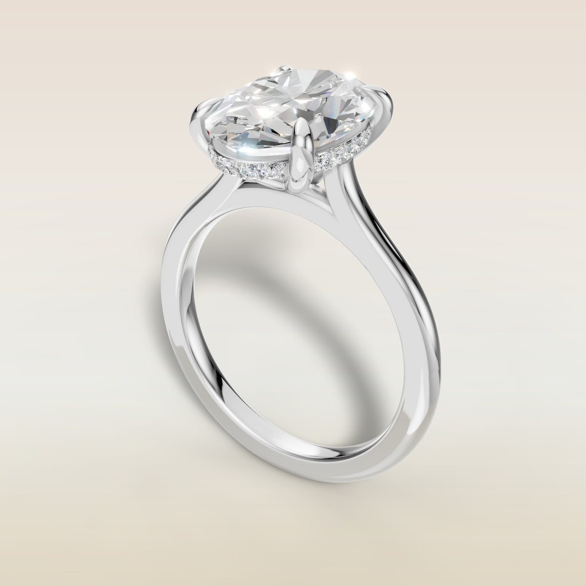Oval Hidden Halo Cathedral engagement ring in white gold, angled view