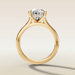 Oval Hidden Halo Cathedral engagement ring in yellow gold, front view
