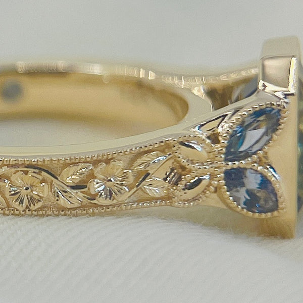 Florals + Sapphires engraving, on the band