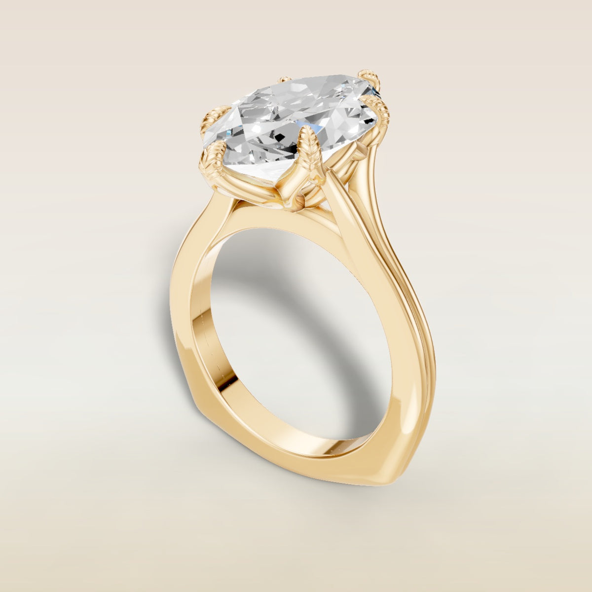 Marquise Tulip Leaf Engraved with Double Band engagement ring in yellow gold, angled view