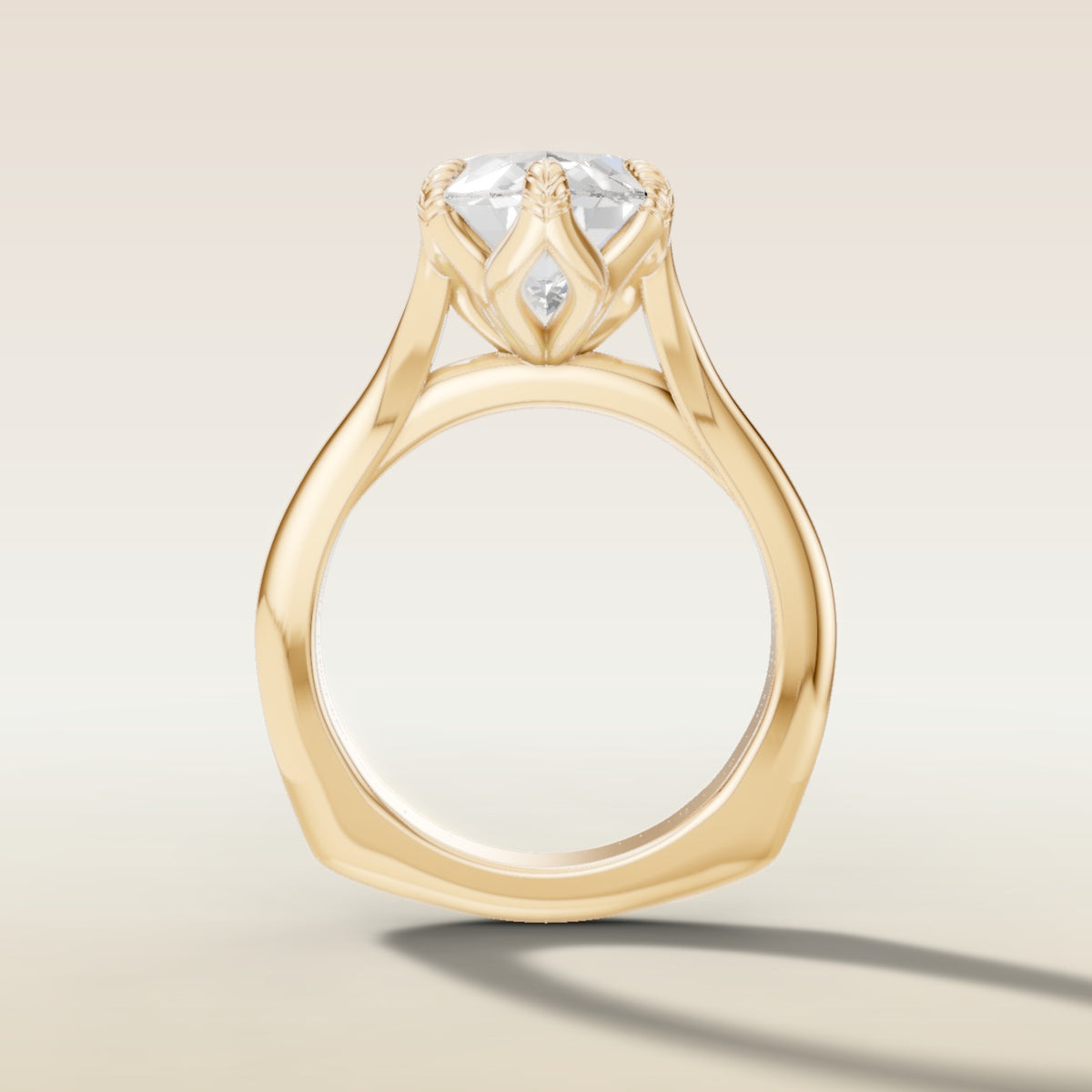 Marquise Tulip Leaf Engraved with Double Band engagement ring in yellow gold, front view