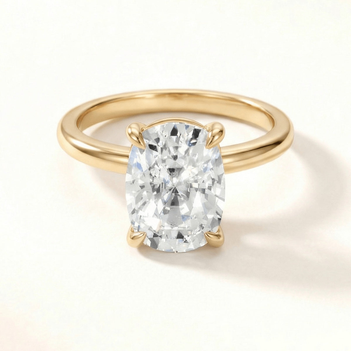 Classic Solitaire engagement ring with cushion cut lab grown diamond in yellow gold