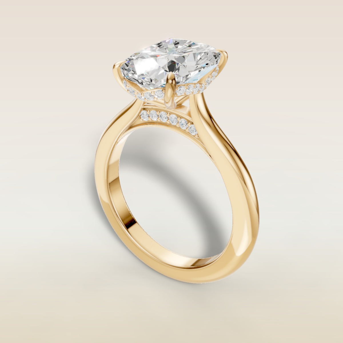 Cushion Curved Hidden Halo Diamond Bridge engagement ring in yellow gold, back angle