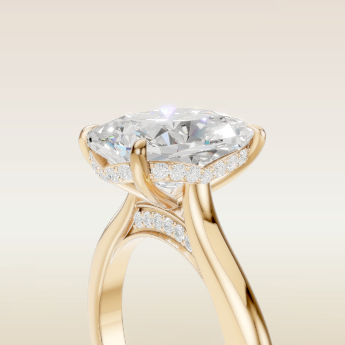Cushion Curved Hidden Halo Diamond Bridge engagement ring in yellow gold, basket close up