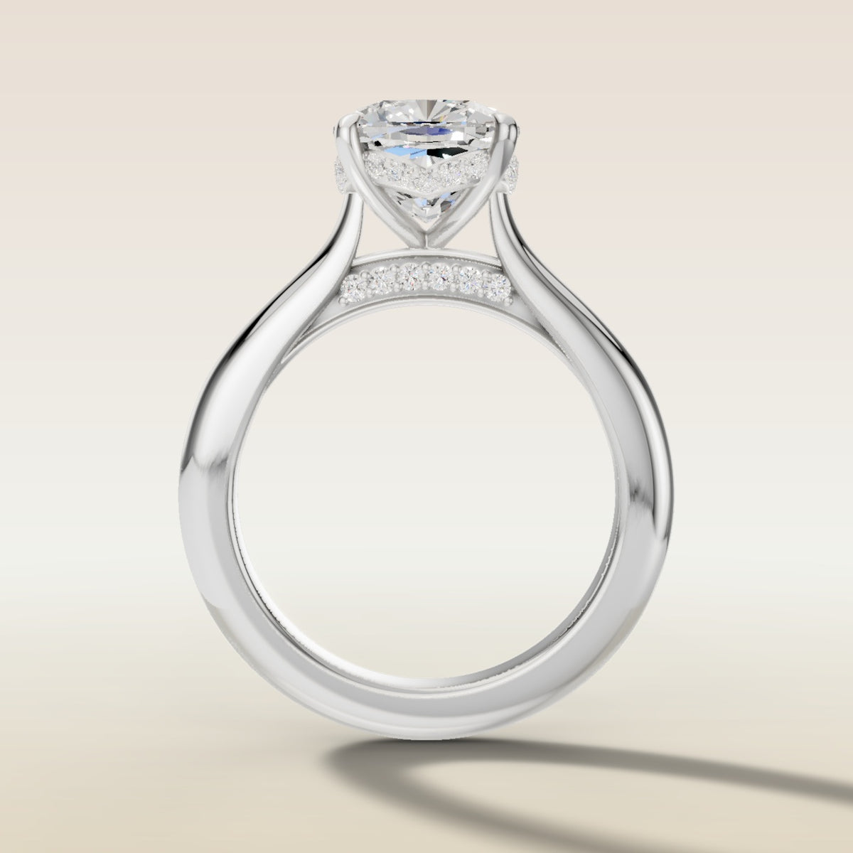 Cushion Curved Hidden Halo Diamond Bridge engagement ring in white gold, front view