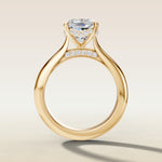 Cushion Curved Hidden Halo Diamond Bridge engagement ring in yellow gold, front view