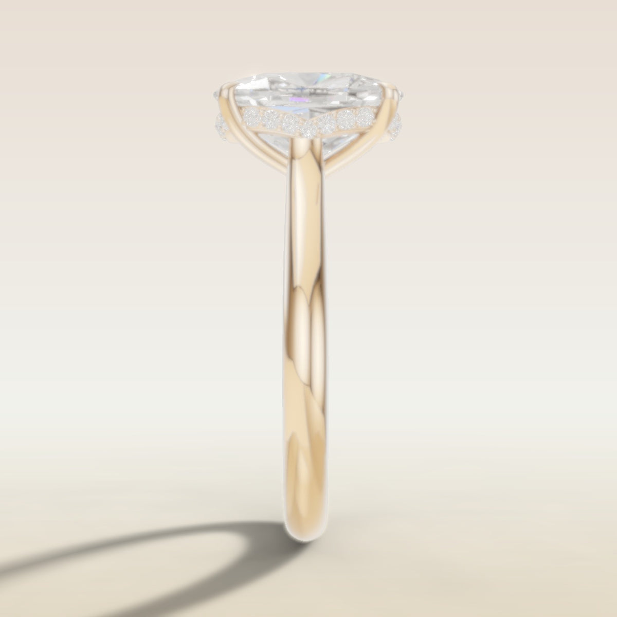 Cushion Curved Hidden Halo Diamond Bridge engagement ring in yellow gold, side profile